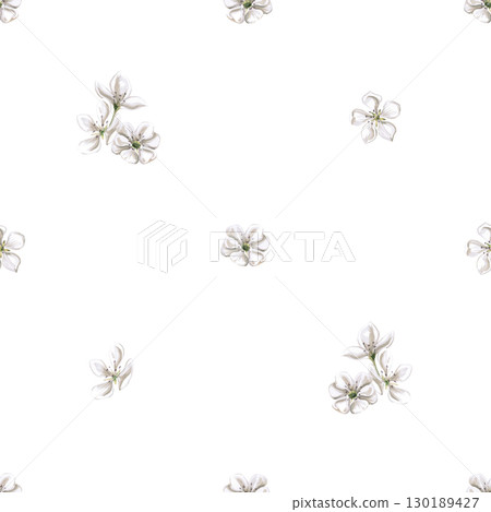 Seamless pattern with delicate pear flowers. Watercolor illustration hand drawn for packaging design, fabric printing, product design. Seamless pattern with delicate pear flowers. Watercolor illustration hand drawn for packaging design, fabric printing, product design. 130189427