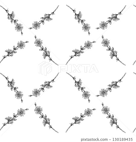 Hand-drawn vector seamless pattern with chicory sprigs in black and white linocut style. Crisp repeating tile for fabric, wrapping, wallpaper, perfect for branding, packaging, botanical design 130189435