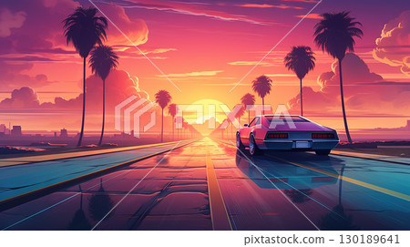 Car ride on the morning road in 80s retro synthwave or 00s vaporwave style. Generated AI. Car ride on the morning road in 80s retro synthwave or 00s vaporwave style. Generated AI. 130189641