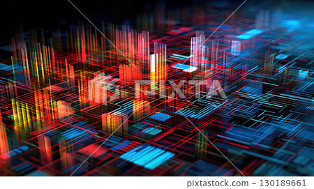 Motherboard with chips and connections in purple and blue neon lights. Technology background with microchips on hardware circuitboard. Generated AI. 130189661