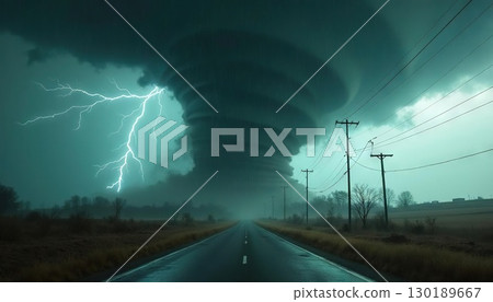 Massive tornado and lightning strike on an open road in a stormy landscape. Generated AI 130189667