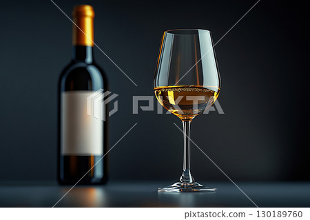 Vineyard culture. Classy aesthetic. Wine Glass with white wine and a bottle of wine with a blank label next to it. Mockup for wine industry branding. 130189760