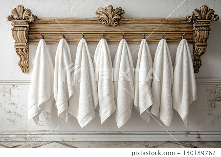 Line of freshly washed white towels hanging on a rack in Rocco Renaissance style. Line of freshly washed white towels hanging on a rack in Rocco Renaissance style. 130189762