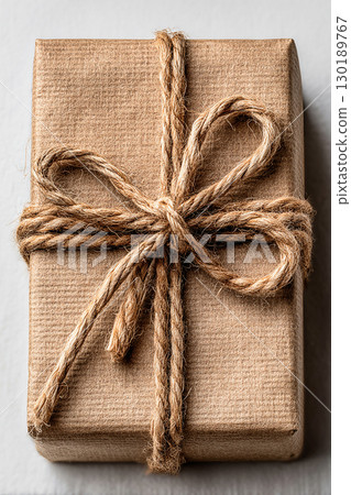 Rustic present. Minimalist brown Kraft Gift Box with twine bow on white background. 130189767