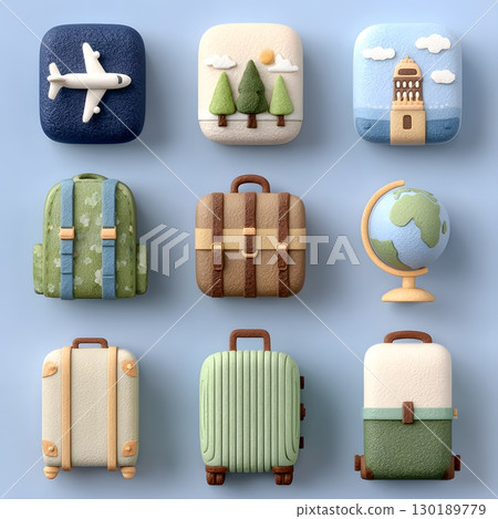 Travel elements including airplanes, various suitcases, backpacks, a globe, and landscape icons are set for journeys. 130189779