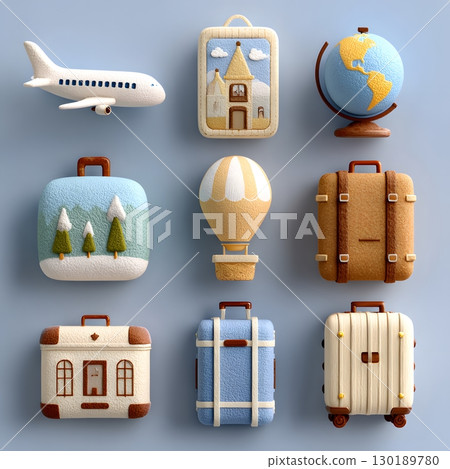 Plush travel objects including an airplane, hot air balloon, globe, and various suitcases are neatly arranged, symbolizing global adventures and vacation planning. 130189780
