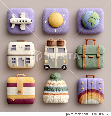 A charming collection of textured travel icons showcases an airplane, a globe, cozy vehicles, and colorful suitcases, inviting you on a delightful journey. 130189787