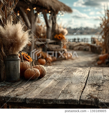 A picturesque outdoor setting for Thanksgiving displays autumn pumpkins, natural grasses, and sunflowers on an old wooden table. 130189805