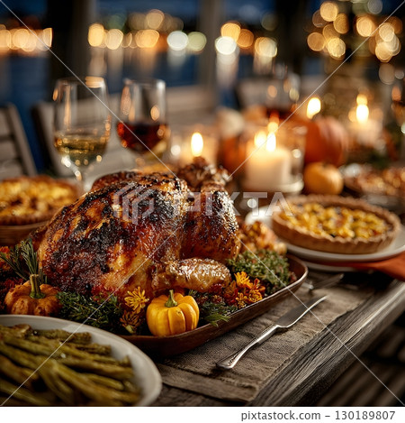A perfectly roasted turkey is the centerpiece of a festive Thanksgiving feast, with delicious side dishes, warm candles, and blurred lights. 130189807