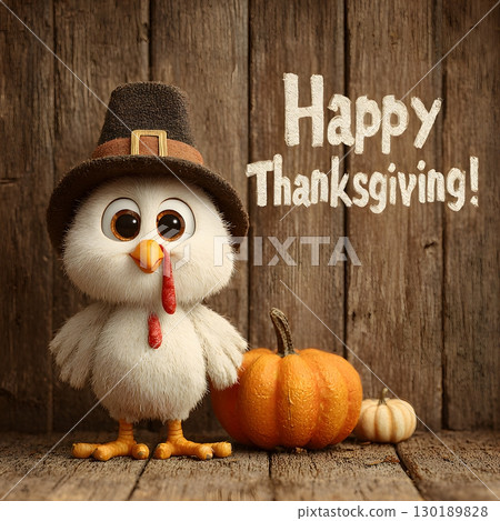 A cute feathered character in a pilgrim hat joyfully stands beside autumn pumpkins, symbolizing the festive spirit and abundance of Thanksgiving holiday celebration. 130189828