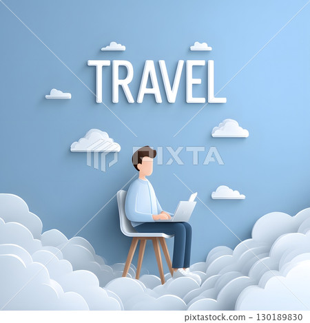 A single person sits on a chair, using a laptop, floating above soft clouds, symbolizing modern travel and global connection. 130189830