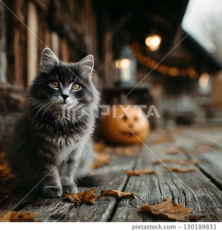 A cute fluffy grey cat sits on a wooden porch surrounded by autumn leaves and a carved pumpkin ready for Halloween. 130189831