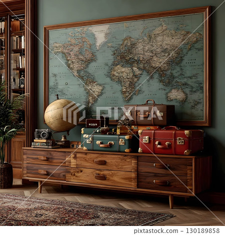 A beautifully arranged display of classic travel suitcases, an antique globe, and a wide world map evokes journeys and discovery. A beautifully arranged display of classic travel suitcases, an antique globe, and a wide world map evokes journeys and discovery. 130189858