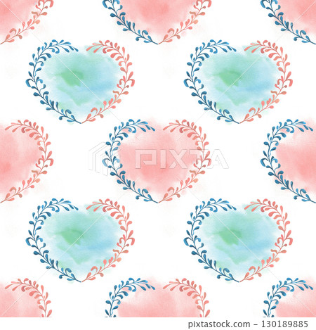 Watercolor seamless pattern heart shape. Abstract twigs, background isolated illustration. Pink, turquoise color. Cute packaging for Valentine Day, International Women Day, wrapping paper for holiday Watercolor seamless pattern heart shape. Abstract twigs, background isolated illustration. Pink, turquoise color. Cute packaging for Valentine Day, International Women Day, wrapping paper for holiday 130189885