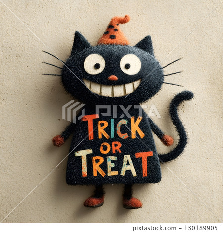 A cheerful fuzzy black cat character stands smiling, wearing a festive costume for Halloween trick or treat celebration. 130189905