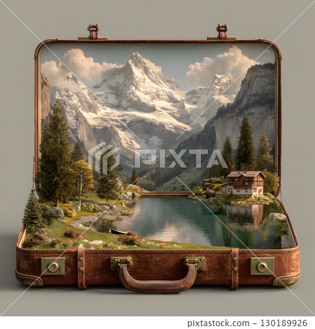 An open vintage travel suitcase holds a beautiful miniature world, featuring majestic snow mountains, a calm lake, and a charming forest house. 130189926