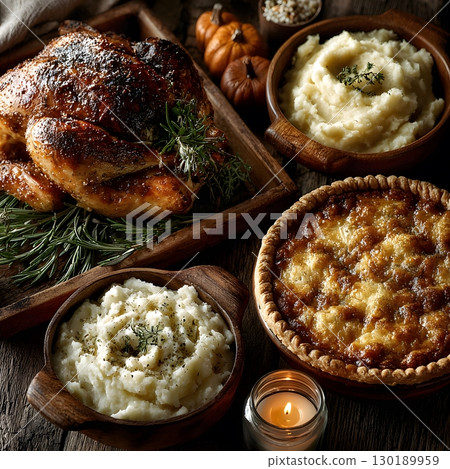 A traditional Thanksgiving meal is ready, featuring a golden roasted turkey, creamy mashed potatoes, and a baked pie, arranged for an autumn feast. A traditional Thanksgiving meal is ready, featuring a golden roasted turkey, creamy mashed potatoes, and a baked pie, arranged for an autumn feast. 130189959