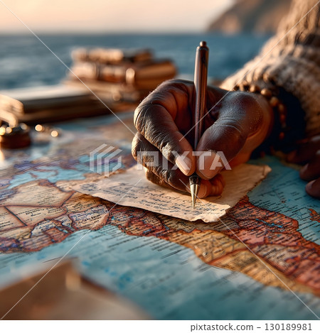 A hand writes on an ancient map using a pen, marking routes for an upcoming travel adventure by the calm blue sea. 130189981