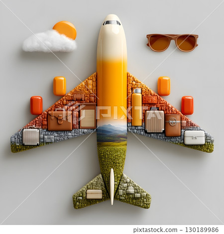 Conceptual airplane image built from travel accessories and luggage, illustrating the complete journey experience for an amazing vacation. Conceptual airplane image built from travel accessories and luggage, illustrating the complete journey experience for an amazing vacation. 130189986