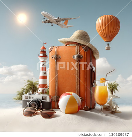 A vintage suitcase, straw hat, and camera are arranged on a sunny beach for a summer travel vacation adventure. 130189987