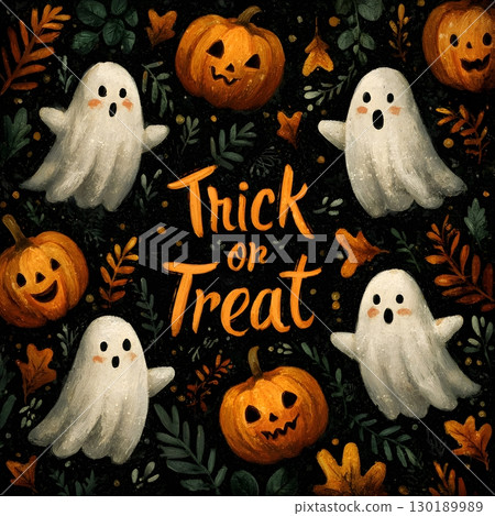 Four adorable ghosts and happy pumpkins hover among autumn foliage surrounding a 'Trick or Treat' message for Halloween fun. 130189989