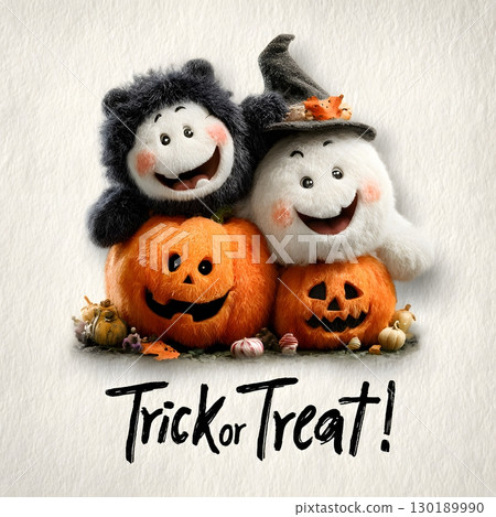 Cute fluffy Halloween monster and ghost characters happily sit on smiling carved pumpkins, ready for trick or treat festivities. Cute fluffy Halloween monster and ghost characters happily sit on smiling carved pumpkins, ready for trick or treat festivities. 130189990