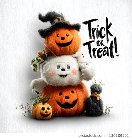 Cute Halloween stack of smiling pumpkins, a friendly ghost, and a little creature ready for trick or treat fun. 130189991