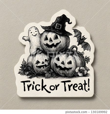 Classic Halloween scene featuring three Jack o lanterns, one wearing a witch hat, with a waving ghost and a flying bat for festive fun. 130189992