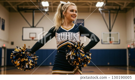 American college cheerleader with pom-poms 130190005