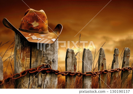Cowboy hat resting on weathered wooden fence 130190137