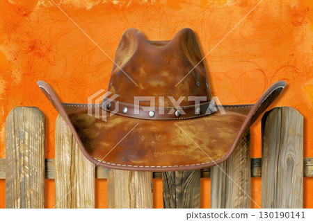 Cowboy hat resting on weathered wooden fence Cowboy hat resting on weathered wooden fence 130190141