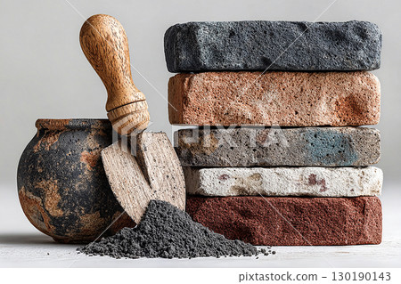 Different colors. Stacked bricks with a trowel and mortar. Close-up. Textured and ready for construction. Different colors. Stacked bricks with a trowel and mortar. Close-up. Textured and ready for construction. 130190143