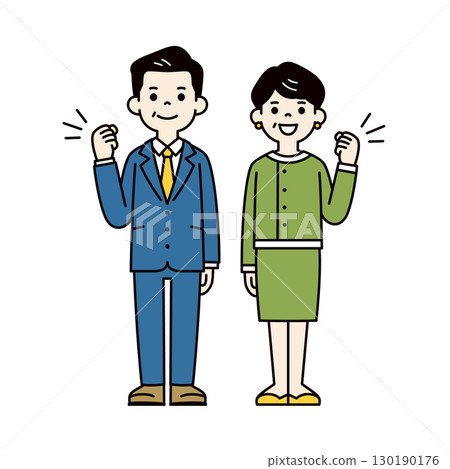 一名中年男子和一名中年女子身穿西裝握拳的全身插圖集_Vector_Color 130190176
