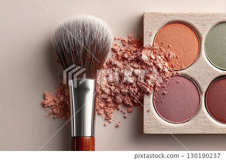 Pastel cosmetics. Flat lay of makeup brush placed next to a color palette on white background. 130190237