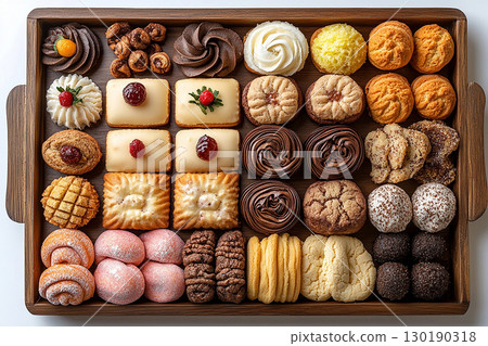 Variety of bakes and cookies in on a wooden trading tray on a white background. 130190318