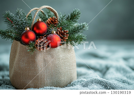 Reusable shopping bag made of fabric with Christmas tree branches on a white background. 130190319