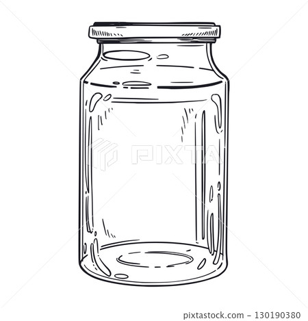 Glass jar with lid for storing food for the winter, for storing food. Everything is hand-drawn in ink. The illustration is suitable for printing on product packaging, printing on fabric, paper. 130190380