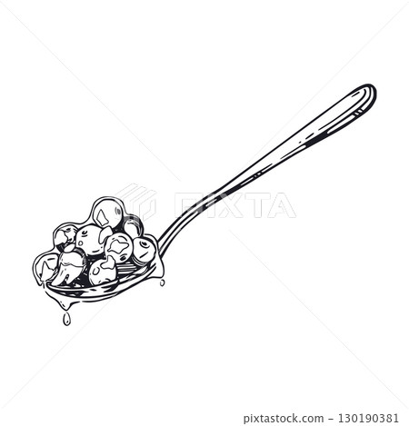 Teaspoon with viburnum berry jam, all objects are hand-drawn with ink. Vector illustration is suitable for printing on paper, fabric, packaging and shop window designs. Vector illustration 130190381