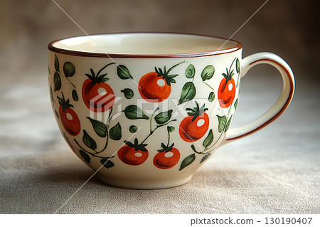 Ceramic cup with a tomato pattern in a classic style on a white background. 130190407