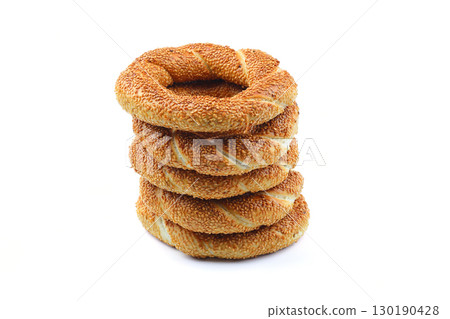 Turkish traditional bagel / simit with sesame on white background, turkish breakfast pastry concept 130190428