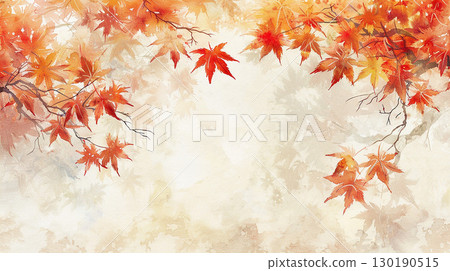 Autumn Japanese-style watercolor illustration background with falling leaves - Generative AI 130190515