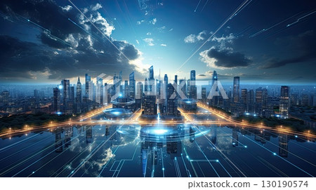 Futuristic cityscape with abstract tech integration, smart city concept, 130190574