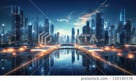 Futuristic cityscape with abstract tech integration, smart city concept, 130190576
