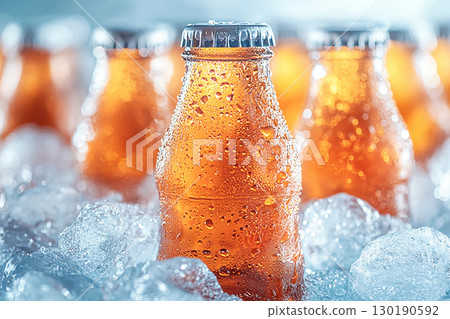 Summer travel and drinks. Retro cooler filled with glass soda bottles and ice. Retro style. Close-up. 130190592