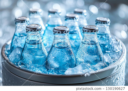Summer style. Retro cooler filled with glass soda bottles and ice. Retro style. Close-up. 130190627