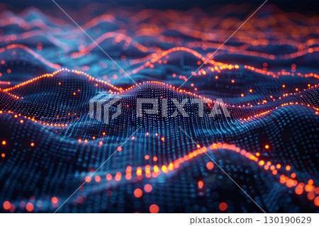 This is a digital background with waveforms and glowing particles, perfect for hightech and futuristic designs 130190629