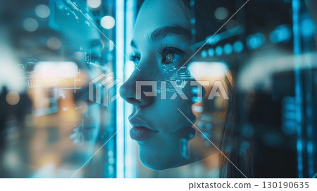 A Futuristic Portrait of a Woman Featuring Neon Facial Accents and an Intriguing Digital Interface Design 130190635