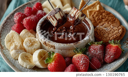Delicious dessert platter featuring chocolate fondue with marshmallows, fresh strawberries, bananas, raspberries, and assorted cookies Delicious dessert platter featuring chocolate fondue with marshmallows, fresh strawberries, bananas, raspberries, and assorted cookies 130190765