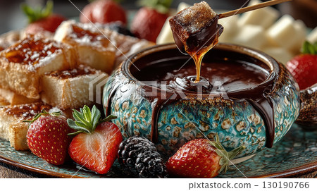 Vibrant assortment of fresh strawberries, blackberries, and cubed bread surrounds bowl of rich chocolate fondue Vibrant assortment of fresh strawberries, blackberries, and cubed bread surrounds bowl of rich chocolate fondue 130190766