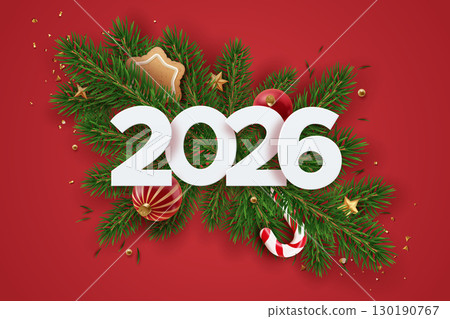 White numbers 2026 with green fir branches, ornaments and candy cane on red background White numbers 2026 with green fir branches, ornaments and candy cane on red background 130190767